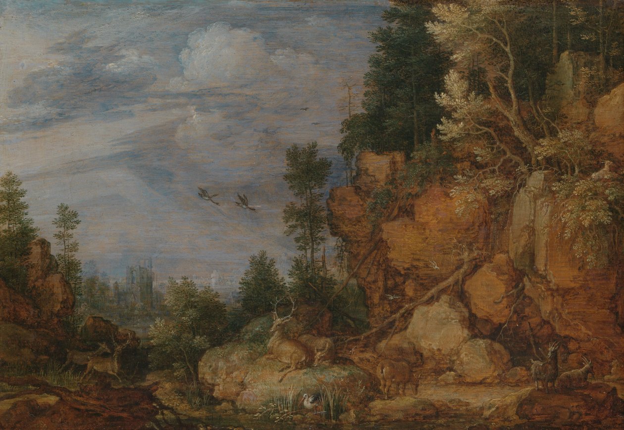 岩石景观与鹿和山羊 作者 Gillis Claesz de Hondecoeter