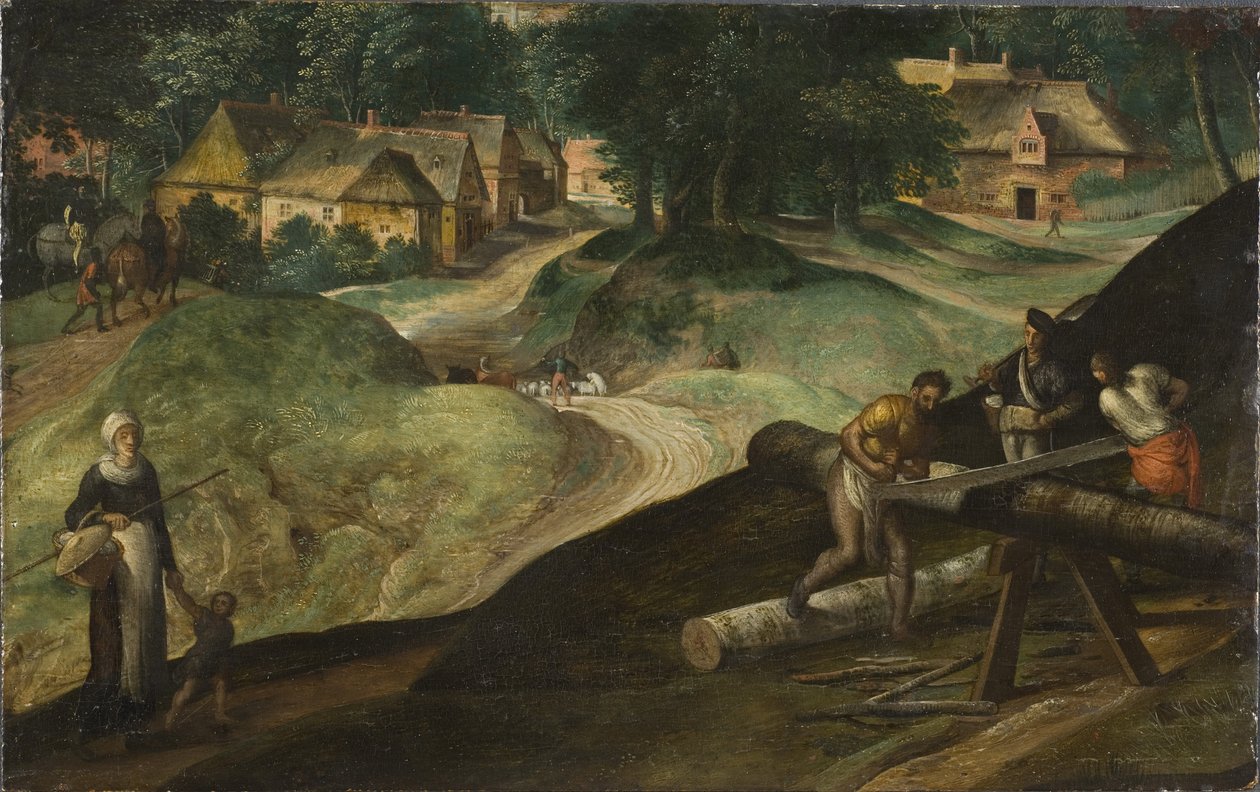 Paysage avec des hommes sciant du bois--有男人锯木头的风景，作者Mostaert, Gillis (1534-1598)。木板上的油彩 作者 吉利斯·莫斯塔尔特（Gillis Mostaert）
