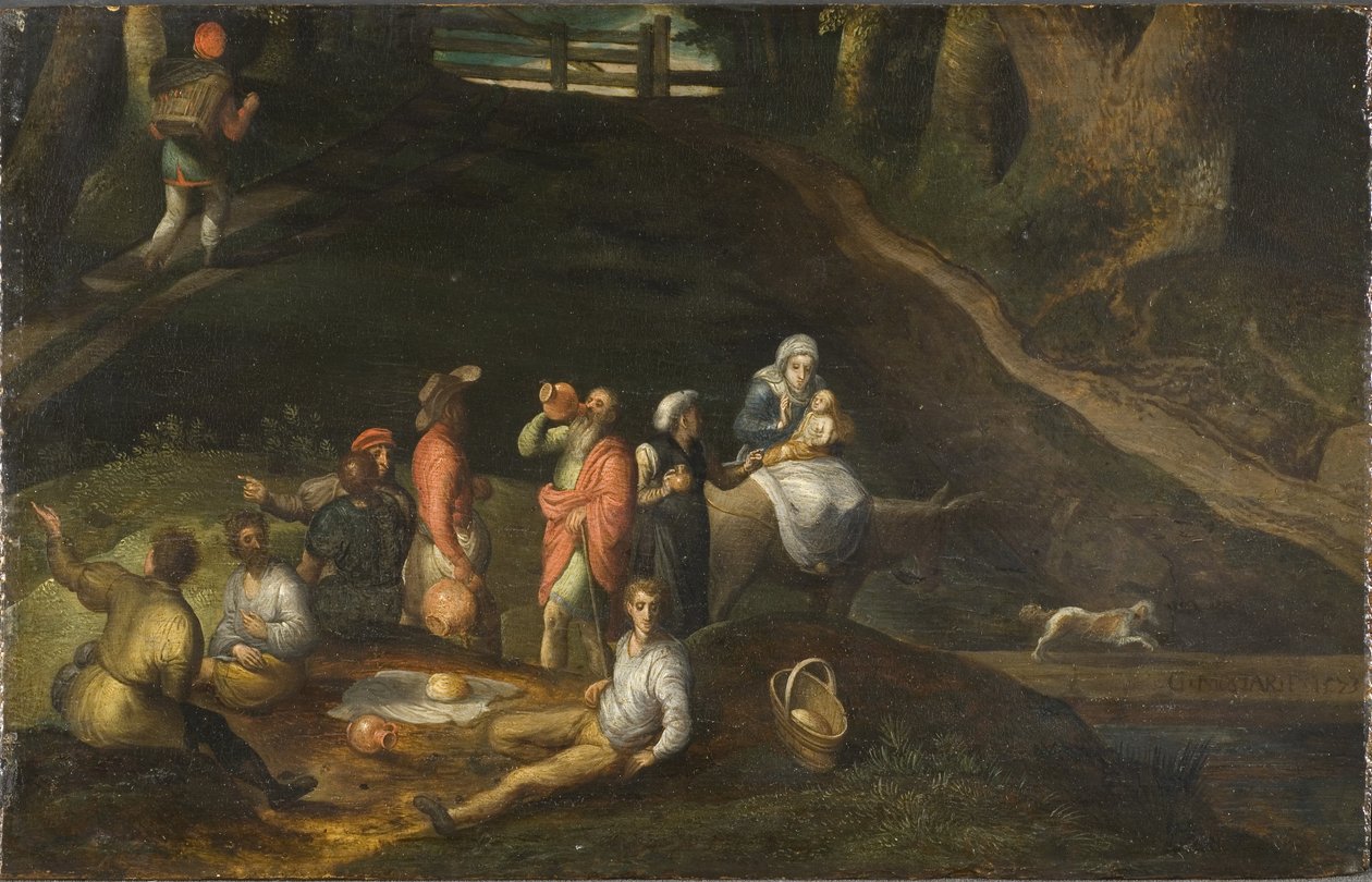 Paysage avec la Sainte Famille--《神圣家族的风景》，由Mostaert, Gillis（1534-1598）创作。木板上的油彩 作者 吉利斯·莫斯塔尔特（Gillis Mostaert）