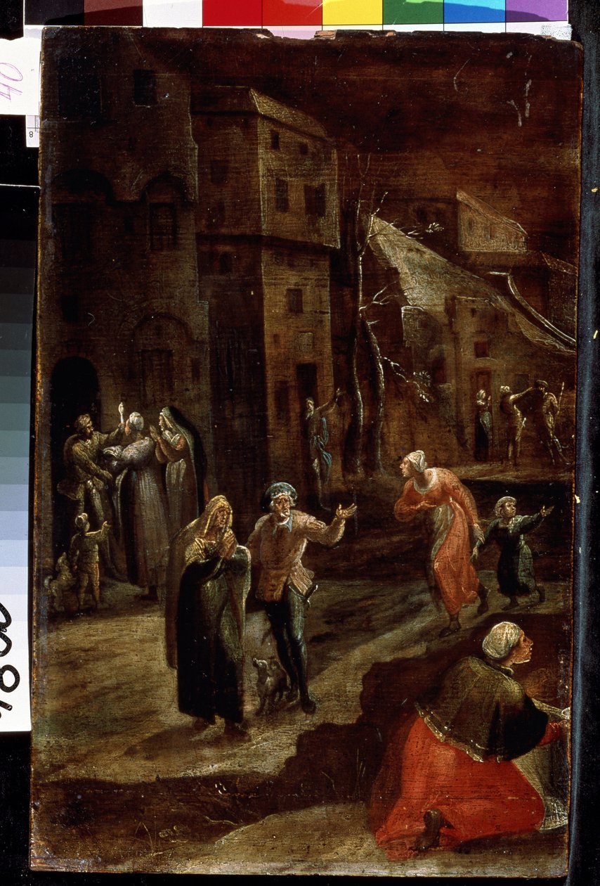 "小镇夜景"（Scene de rue la nuit），荷兰一个小镇的居民似乎在逃避威胁，奔跑着躲进房子里，给人一种恐惧和痛苦的印象。吉利斯-莫斯塔特（1534-1598 年）的画作，利沃夫，B 级博物馆。 作者 吉利斯·莫斯塔尔特（Gillis Mostaert）