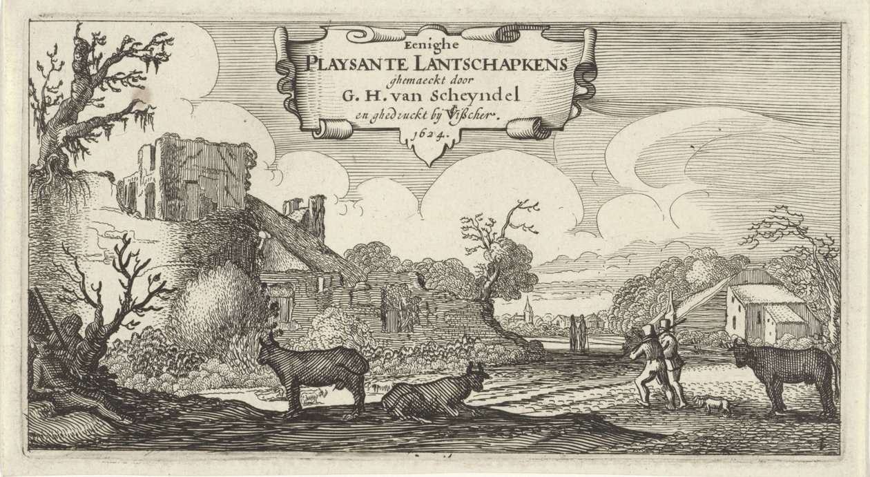 十二幅人物风景画的标题版画
Eenighe Playsante Lantschapkens（物上标题）
十二幅人物风景画（系列标题） 作者 吉利斯·范·谢恩德尔 (I)