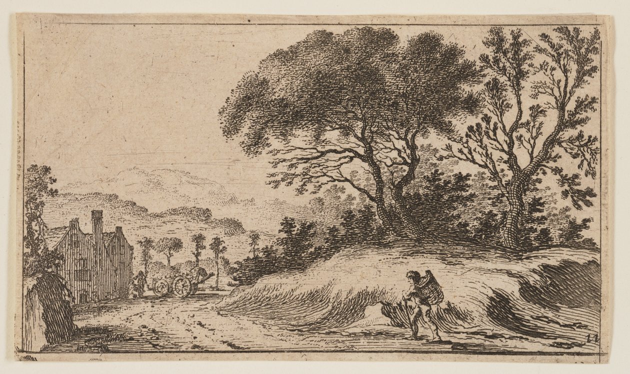 右侧山丘上三棵树前小径上的旅行者，选自《十二幅风景画 作者 吉利斯·范·舍恩德尔（Gillis van Scheyndel）