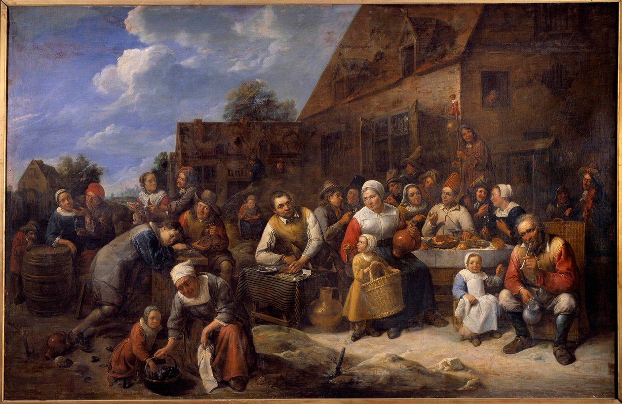 村宴 一村一景，农家乐于助人。 由 Gillis Van Tilborgh (Tilborch) 绘画的年轻 (1625-1678) 17 世纪鲁昂。 美术博物馆 作者 吉利斯·范·蒂博格