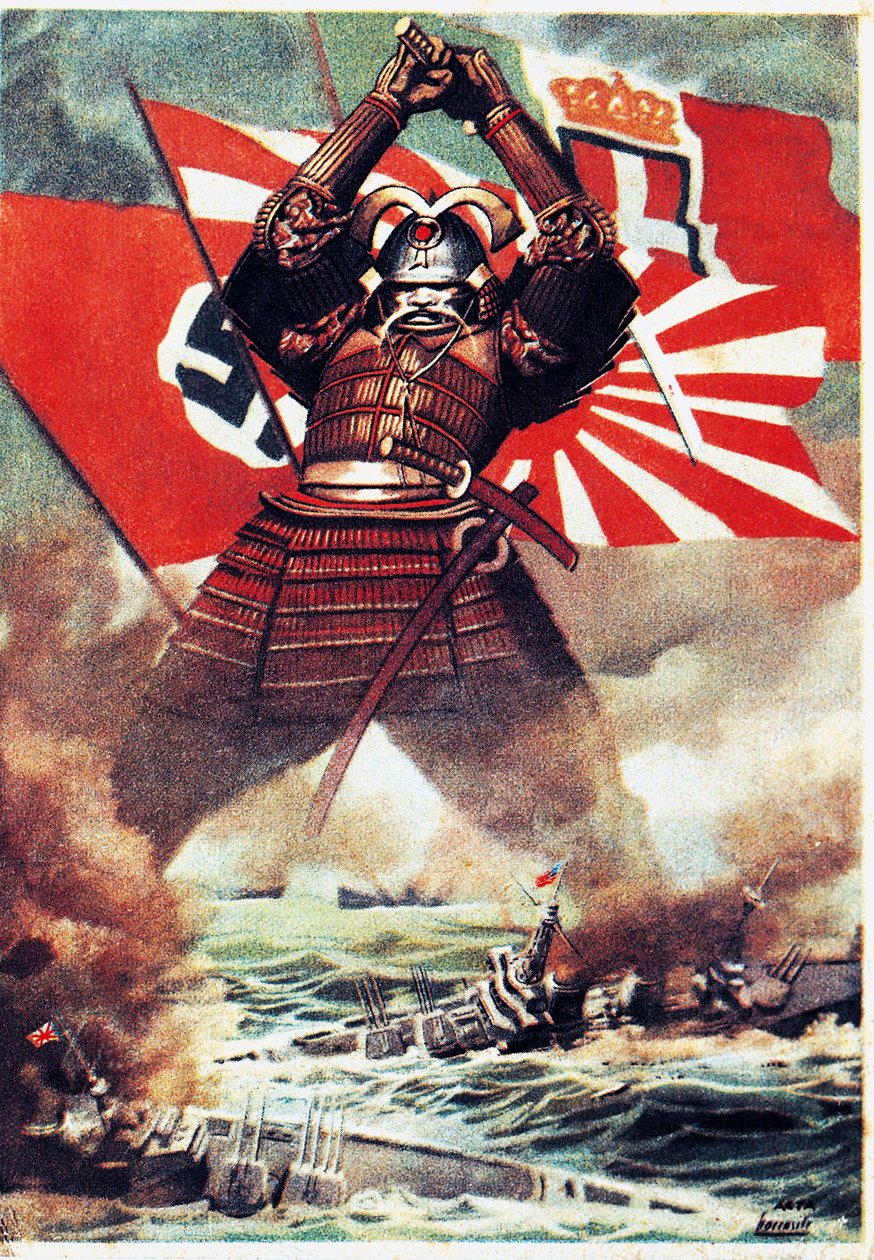 日本武士在珍珠港击沉美国舰队（1941 年 12 月 7 日），海报由 Gino Boccasile（1901-1952 年）拍摄，第二次世界大战，意大利，20 世纪 作者 吉诺博卡西尔