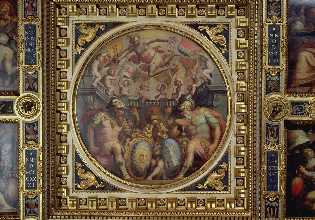 1565年Sala dei Cinquecento天花板上的San Giovanni和Santa Maria Novella地区的寓言（小组） 作者 乔治·瓦萨里（Giorgio Vasari）