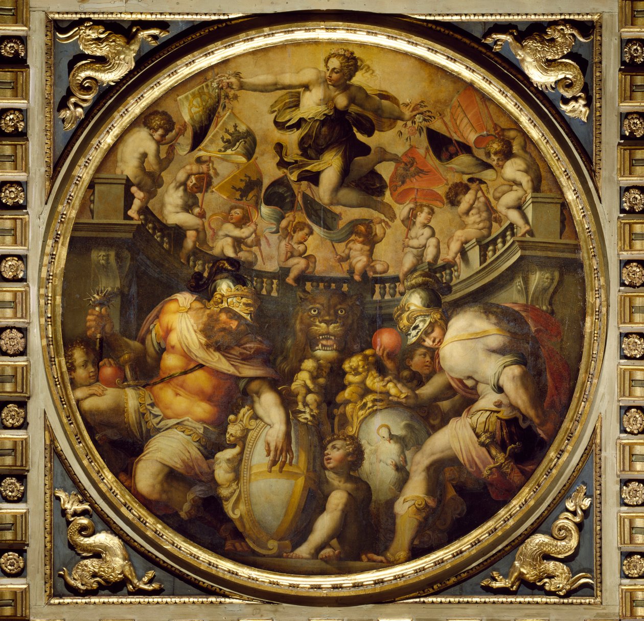 从1565年的Salone dei Cinquecento天花板上看到Santa Croce和Santo Spirito地区的寓言（小组） 作者 乔治·瓦萨里（Giorgio Vasari）