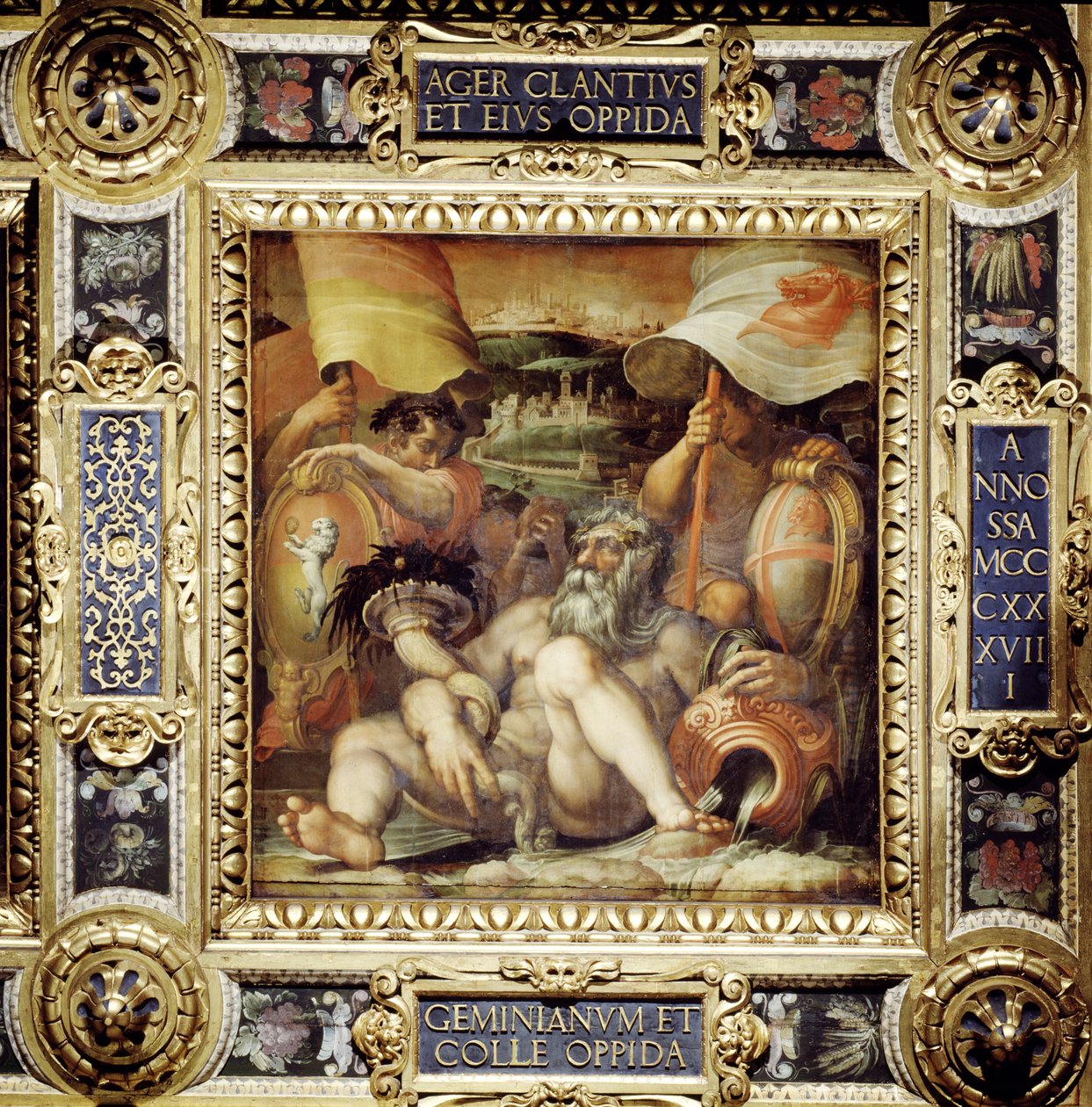 从1565年的Salone dei Cinquecento天花板上看到San Gimignano和Colle Val d&39;Elsa城镇的寓言（小组） 作者 乔治·瓦萨里（Giorgio Vasari）