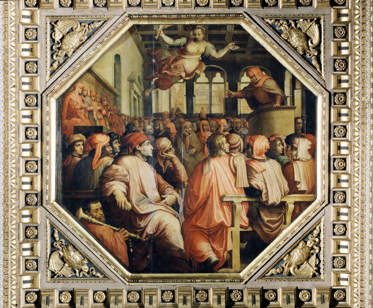 安东尼奥·贾科米尼（Antonio Giacomini）在1565年的Salone dei Cinquecento天花板上与比萨进行战争的祈祷（小组） 作者 乔治·瓦萨里（Giorgio Vasari）