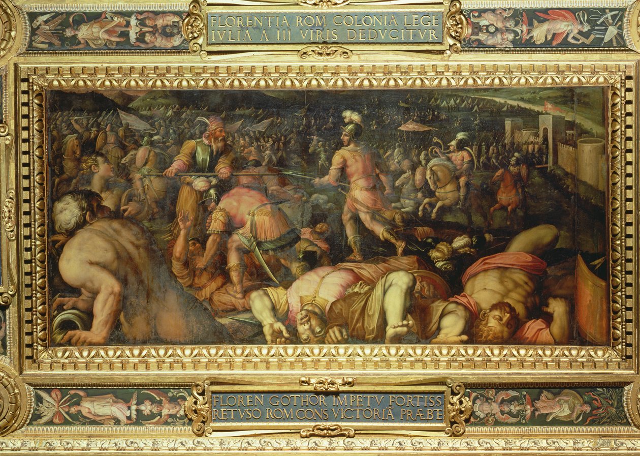 从1565年的Salone dei Cinquecento天花板上击败Radagasio（小组） 作者 乔治·瓦萨里（Giorgio Vasari）