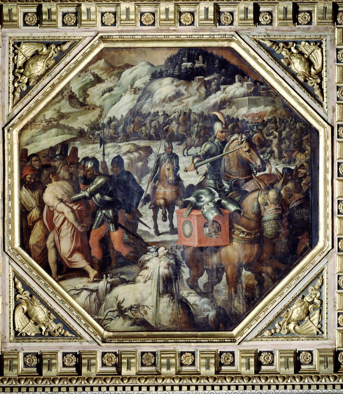 从1565年的Salone dei Cinquecento天花板上击败凯斯蒂诺的威尼斯人（小组） 作者 乔治·瓦萨里（Giorgio Vasari）