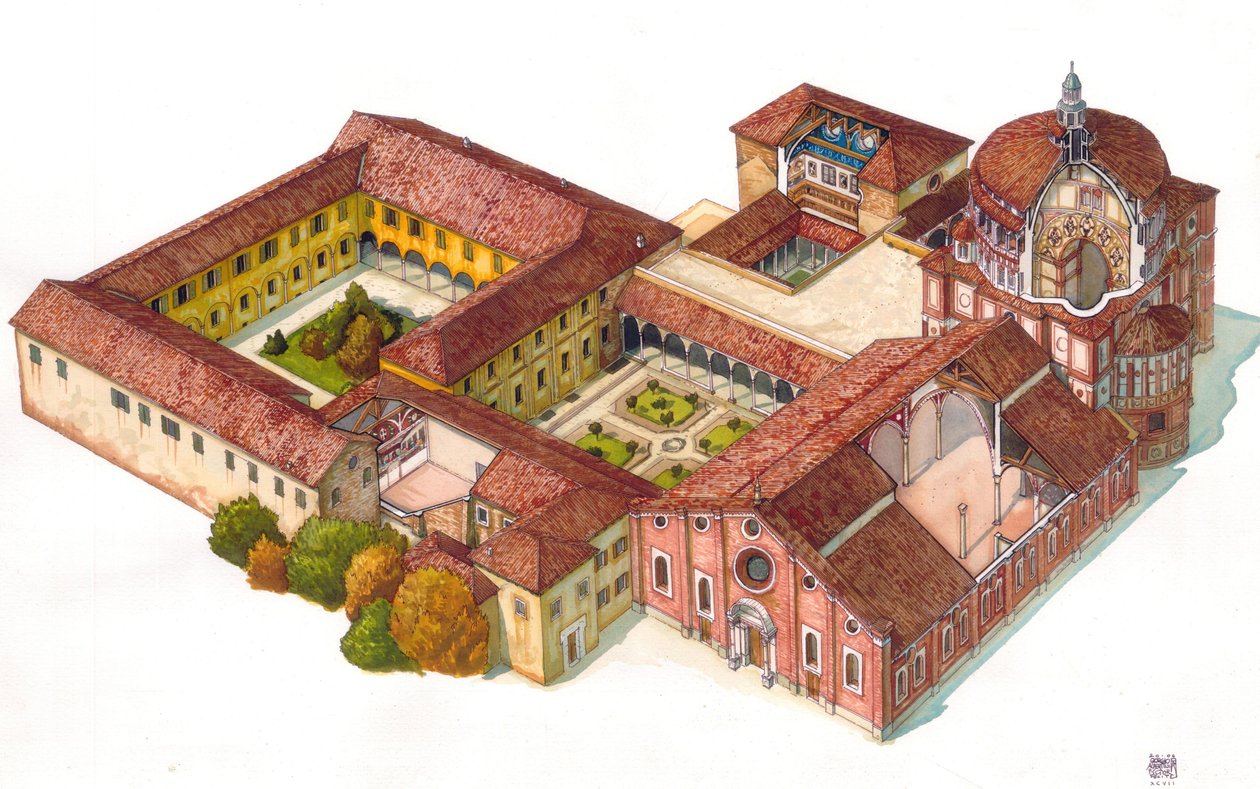 意大利米兰圣玛丽亚教堂（Santa Maria delle Grazie）Aerian 景观，1463 年由多明我会创建。在餐厅里可以看到莱昂纳德-德-芬奇的圣像（Cenacolo）。 作者 乔治·阿尔贝蒂尼