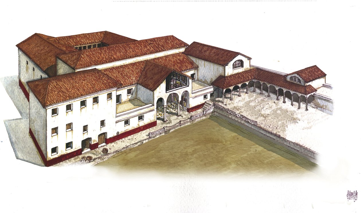古罗马：重建公元前 3 世纪古奥斯提亚（Ostia Antica）的狮子别墅（Casa ou domus dei Leoni）。意大利 插图：乔治-阿尔贝蒂尼。(使用该作者的作品无需向第三方申请授权。 作者 乔治·阿尔贝蒂尼