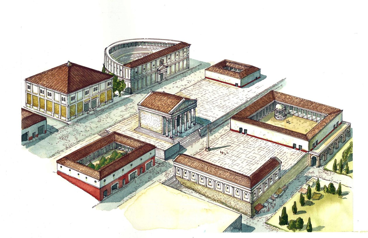 古罗马：重建那不勒斯市中心的圆形剧场和神庙。意大利 作者 乔治·阿尔贝蒂尼