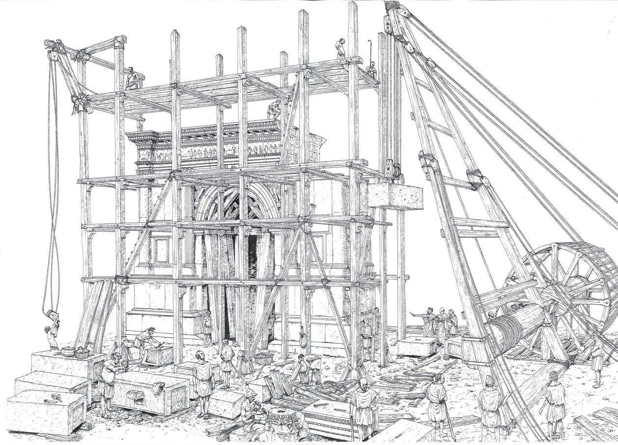 古罗马：重建公元 1 世纪的拱门建筑工地。工人们用脚手架和滑轮吊起大理石块。插图：乔治-阿尔贝蒂尼。(使用本文作者的作品无需申请版权。 作者 乔治·阿尔贝蒂尼