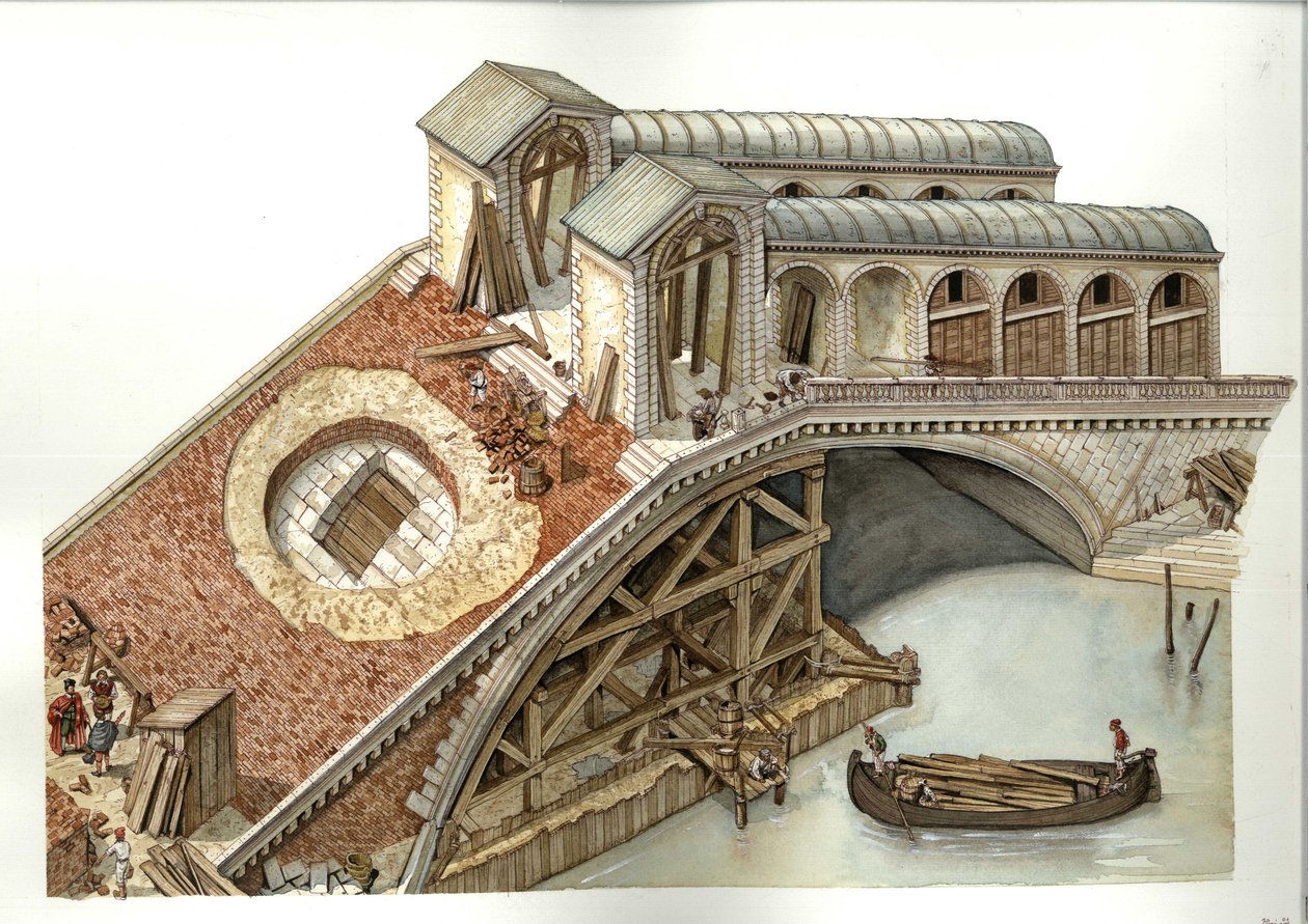 建筑：1588-1591 年意大利威尼斯里亚托桥的建筑工地。插图：乔治-阿尔贝蒂尼（使用该作者的作品无需获得第三方授权或支付额外版税。 作者 乔治·阿尔贝蒂尼