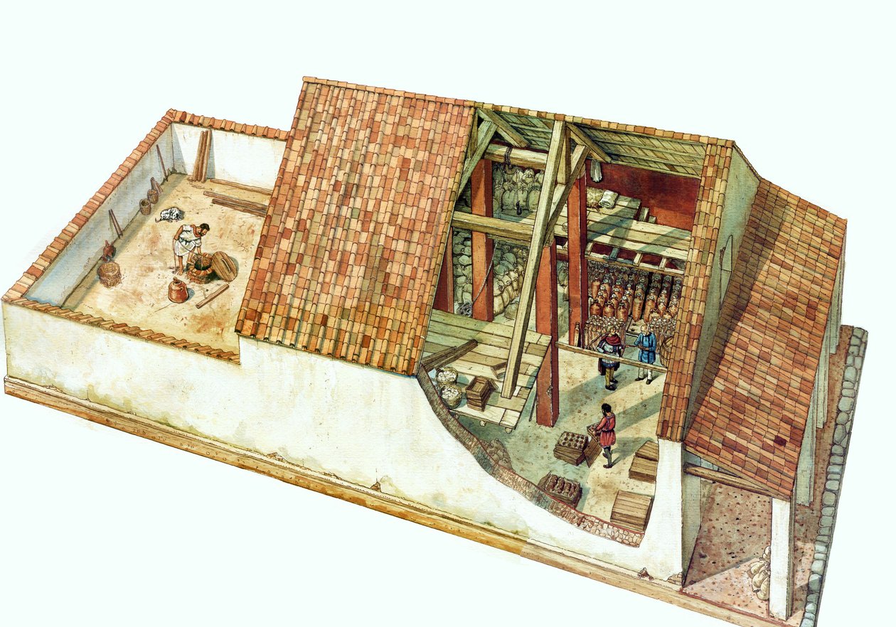 拜占庭建筑：重建查士丁尼皇帝时期拉文纳（Ravenna）港口克拉塞码头区的仓库。意大利 7 世纪。从建筑的剖面可以看到存放的货物。 作者 乔治·阿尔贝蒂尼