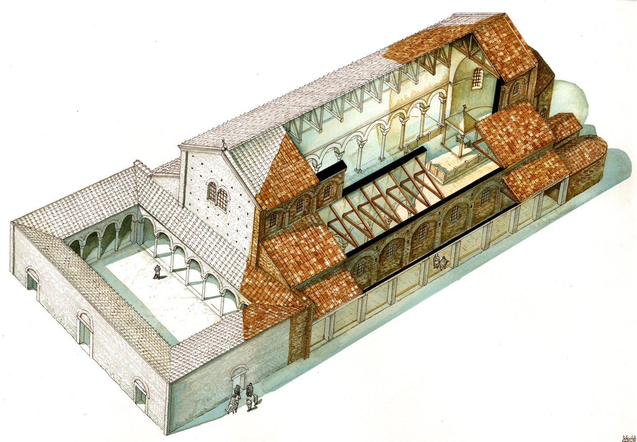 拜占庭艺术：重建查士丁尼一世皇帝（482-565 年）在拉文纳（Ravenna）创建的卡比安卡大教堂。意大利 作者 乔治·阿尔贝蒂尼