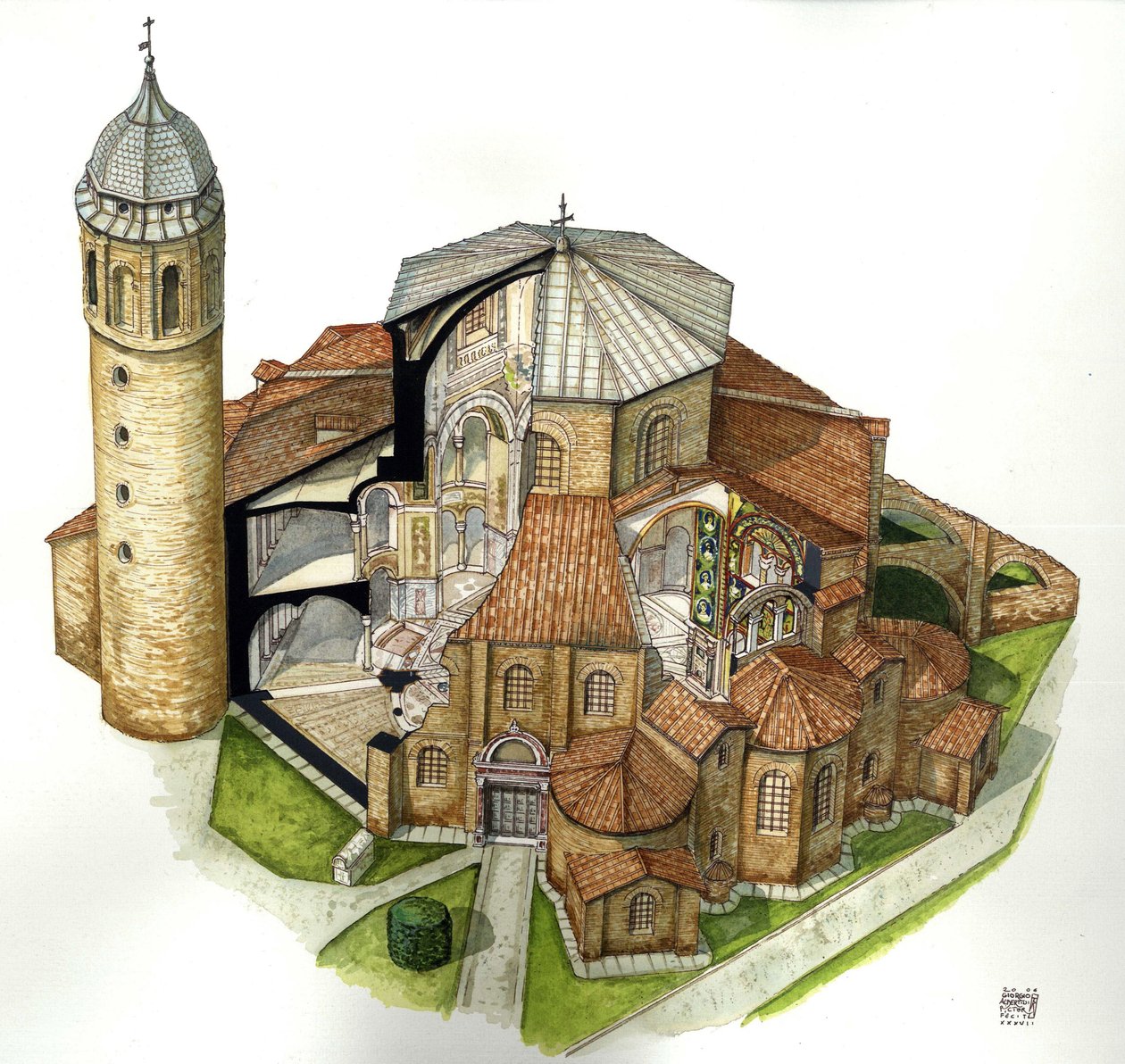 拜占庭艺术：展示 5 世纪拉文纳（Ravenna）的圣维塔大教堂（Saint Vital 或 San Vitale）。空中俯瞰，可通过切口看到内部。意大利 插图：乔治-阿尔贝蒂尼。(使用该作者的作品不受以下限制 作者 乔治·阿尔贝蒂尼