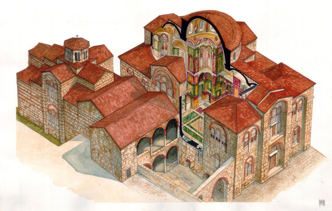 拜占庭艺术：建于 11 世纪的 Hosios Loukas（Osios Lukas 或 Luckas）修道院的景观和建筑部分。希腊 作者 乔治·阿尔贝蒂尼