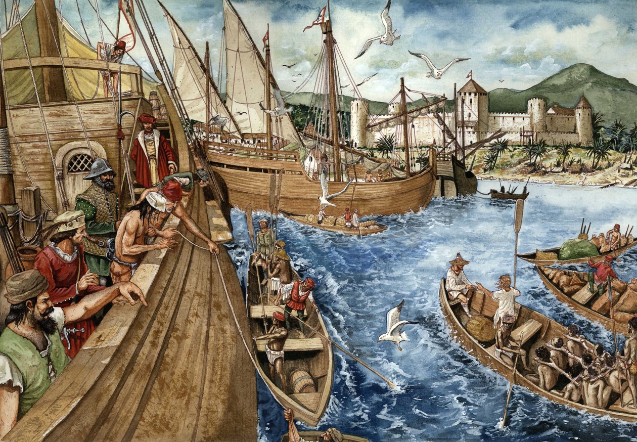 非洲黄金海岸（加纳）的殖民化：1482 年 1 月 21 日，葡萄牙人踏上几内亚海岸，并建造了圣若热-德米纳（埃尔米纳）要塞，以加强黄金和奴隶贸易。葡萄牙帆船在非洲海岸的代表。伊尔 作者 乔治·阿尔贝蒂尼