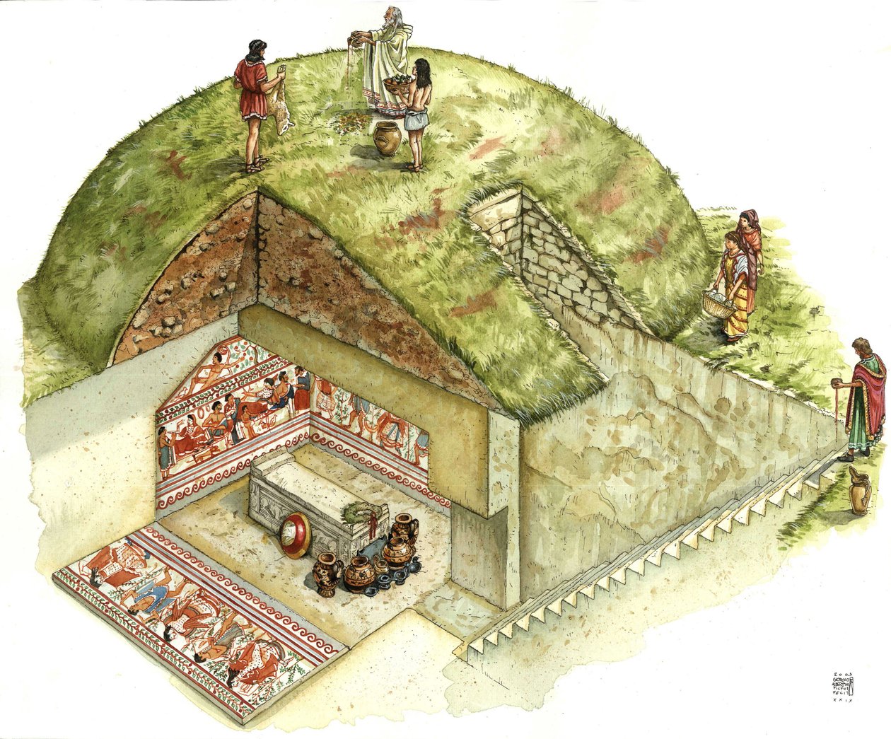 伊特鲁里亚文明：塔尔奎尼亚墓地特里克利尼奥（Triclinio）墓的重建和切割。公元前 5 世纪 意大利 乔治-阿尔贝蒂尼插图。 作者 乔治·阿尔贝蒂尼
