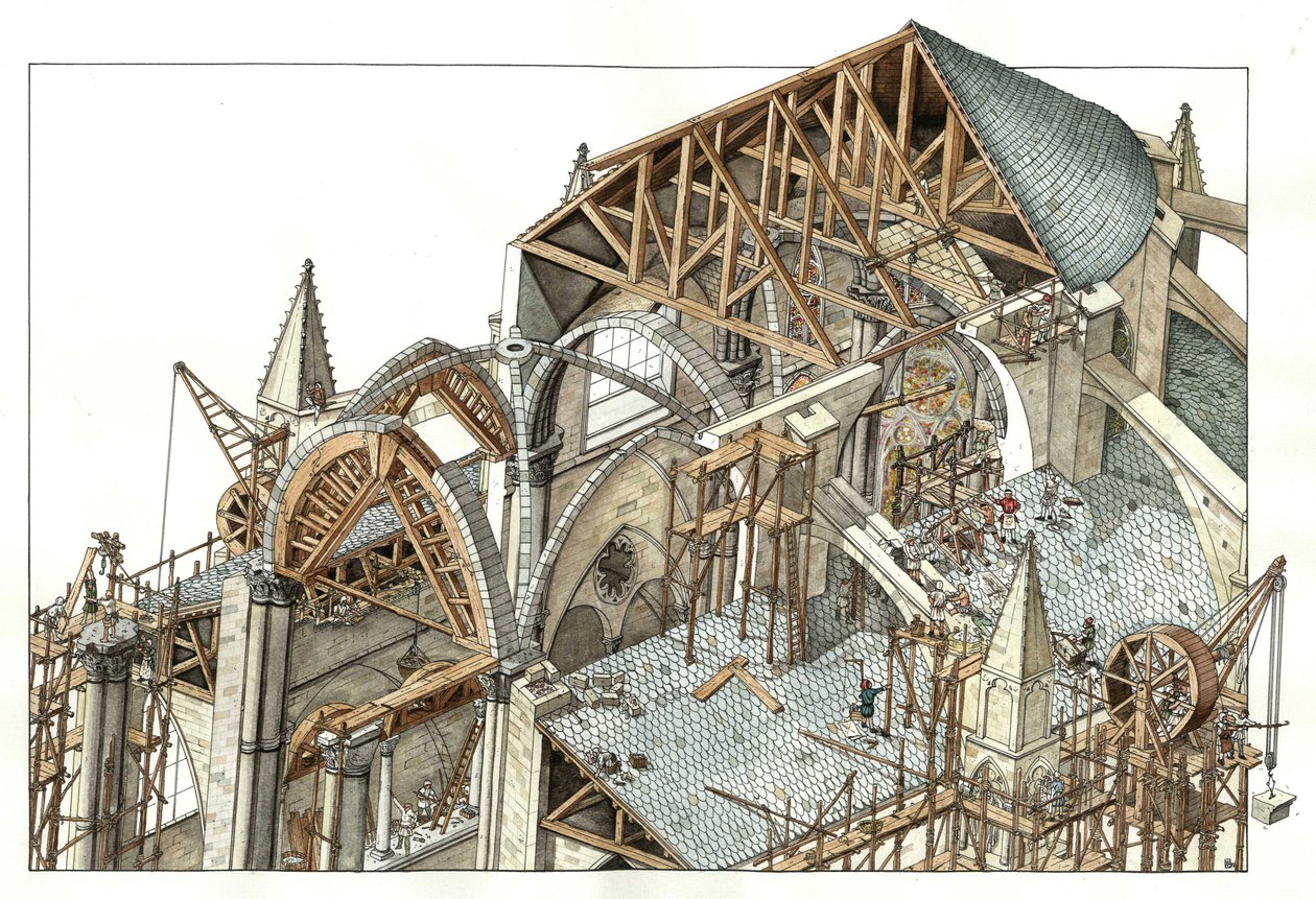哥特式艺术：哥特式大教堂建筑工地的重建，工人们爬在脚手架上使用滑轮。13 世纪 插图：乔治-阿尔贝蒂尼。(使用该作者的作品无需申请授权）。 作者 乔治·阿尔贝蒂尼