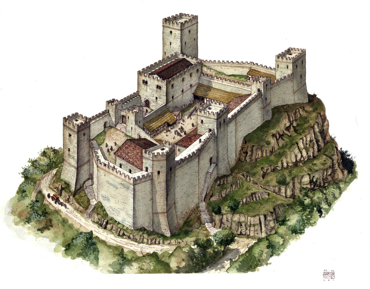 中世纪建筑：11 世纪重建的卡诺萨城堡，当时是玛蒂尔德-德-卡诺萨伯爵夫人（或托斯卡纳伯爵夫人玛蒂尔德）（1046 - 1115 年）和教皇格雷瓜尔七世（1015/20 - 1085 年）的避难所。意大利 插图：Gior 作者 乔治·阿尔贝蒂尼