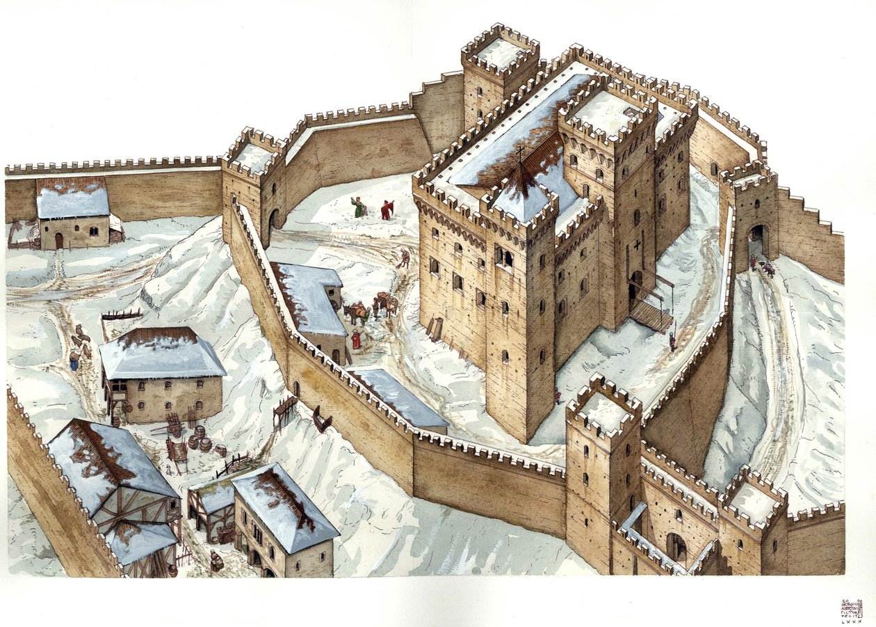 中世纪建筑：14 世纪乌迪内城堡的重建。意大利 插图：乔治-阿尔贝蒂尼。(使用该作者的作品无需向第三方申请授权或支付任何费用）。 作者 乔治·阿尔贝蒂尼