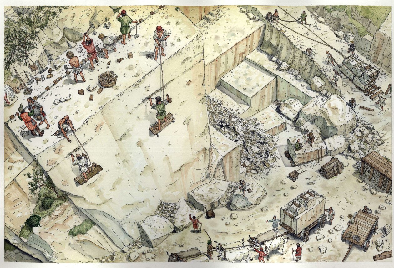 中世纪：表现 15 世纪在卡拉拉（Carrara）大理石采石场工作的工人的鸟瞰图。表现了不同的步骤：开采、砌块大小、运输。意大利 插图：乔治-阿尔贝蒂尼。(使用该作者的作品 作者 乔治·阿尔贝蒂尼