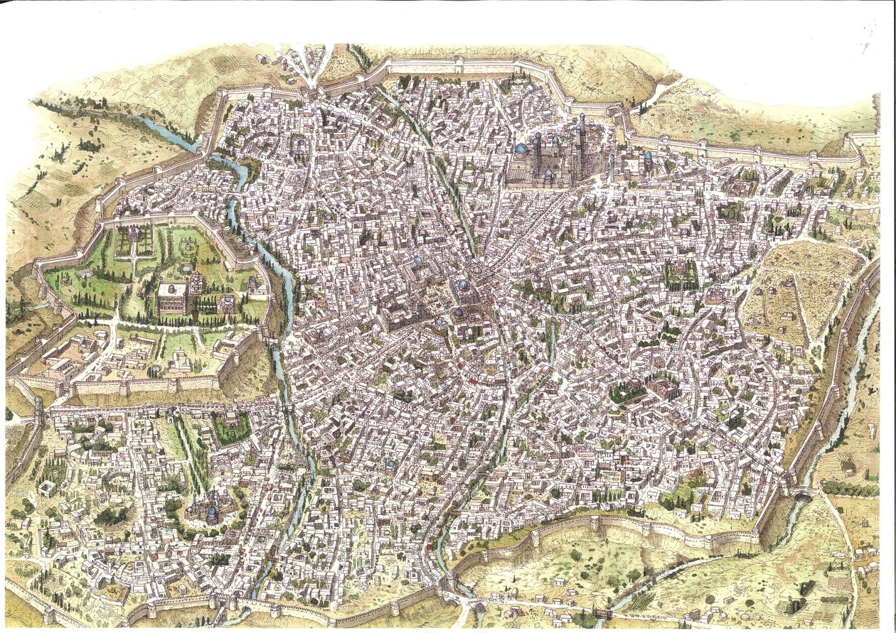 中世纪：撒马尔罕（Samarkand）城的详细鸟瞰图，城墙清晰可见，位于蒙古恰班王朝时期的乌兹别克斯坦。1450 年，中亚一带。插图：乔治-阿尔贝蒂尼。(使用该作者的作品是 作者 乔治·阿尔贝蒂尼