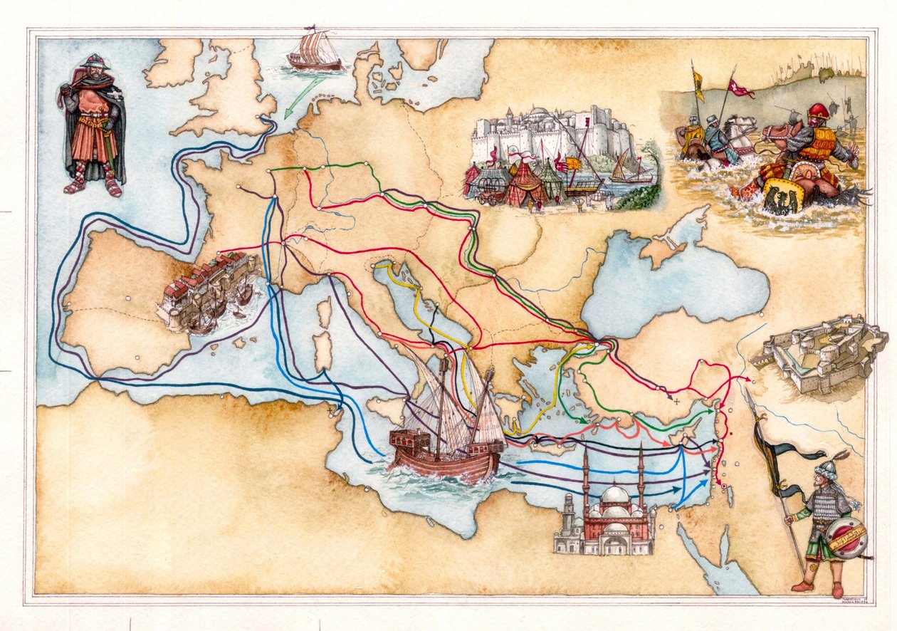 中世纪：欧洲和中东地图，显示十字军东征期间使用的陆地和海上路线 作者 乔治·阿尔贝蒂尼