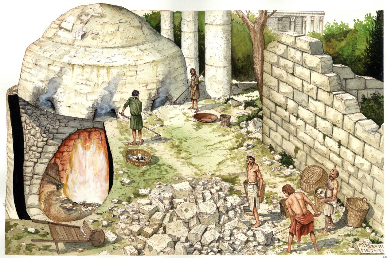 中世纪：重建石灰窑（chaufour），工人在加工石灰石。插图：乔治-阿尔贝蒂尼。(使用该作者的作品无需向第三方申请授权或支付额外费用）。 作者 乔治·阿尔贝蒂尼