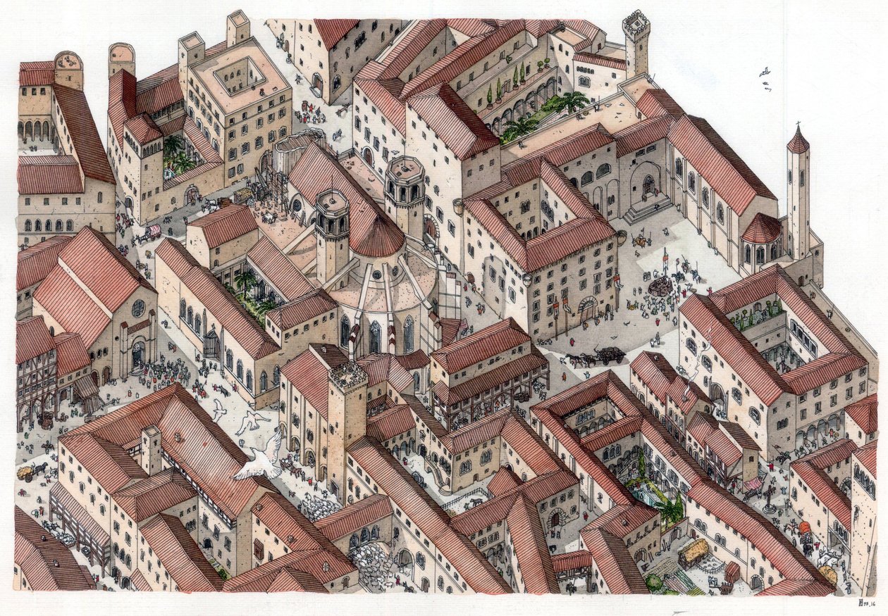 中世纪：14 世纪巴塞罗那历史悠久的 Barri Gotic（barrio gotico）区重建。圣欧拉丽大教堂清晰可见。西班牙 插图：乔治-阿尔贝蒂尼。(该作者作品的使用不在版权保护范围内。 作者 乔治·阿尔贝蒂尼