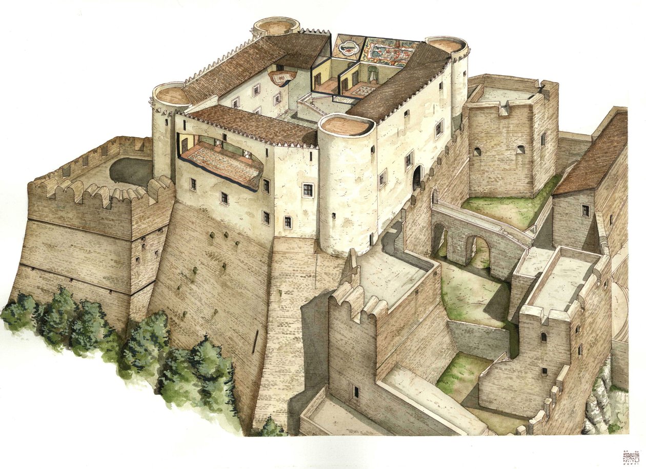中世纪：重建建于 11 世纪的卡坦扎罗 Santa Severina 城堡。意大利卡拉布里亚 插图：乔治-阿尔贝蒂尼。(使用该作者的作品无需向第三方申请授权，也无需遵守以下规定 作者 乔治·阿尔贝蒂尼