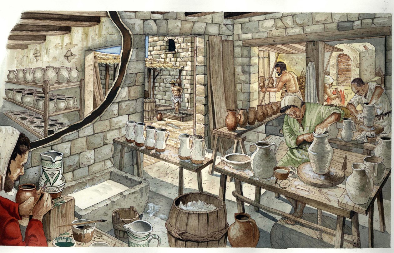 中世纪：展示 14 世纪的陶瓷和陶器作坊。 作者 乔治·阿尔贝蒂尼