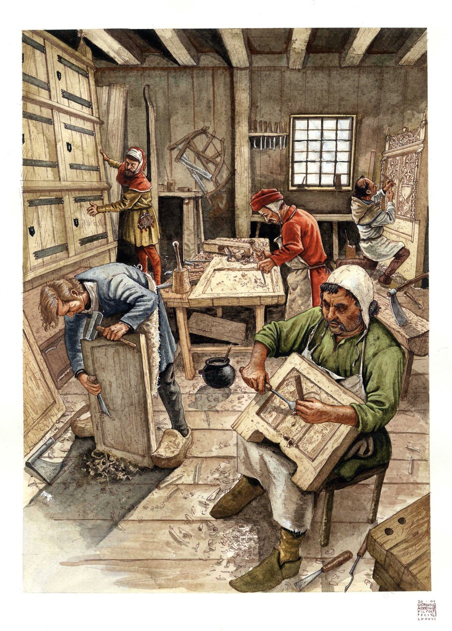 中世纪：表现 15 世纪埃本主义者的工作坊，工人们正在加工木材。 作者 乔治·阿尔贝蒂尼