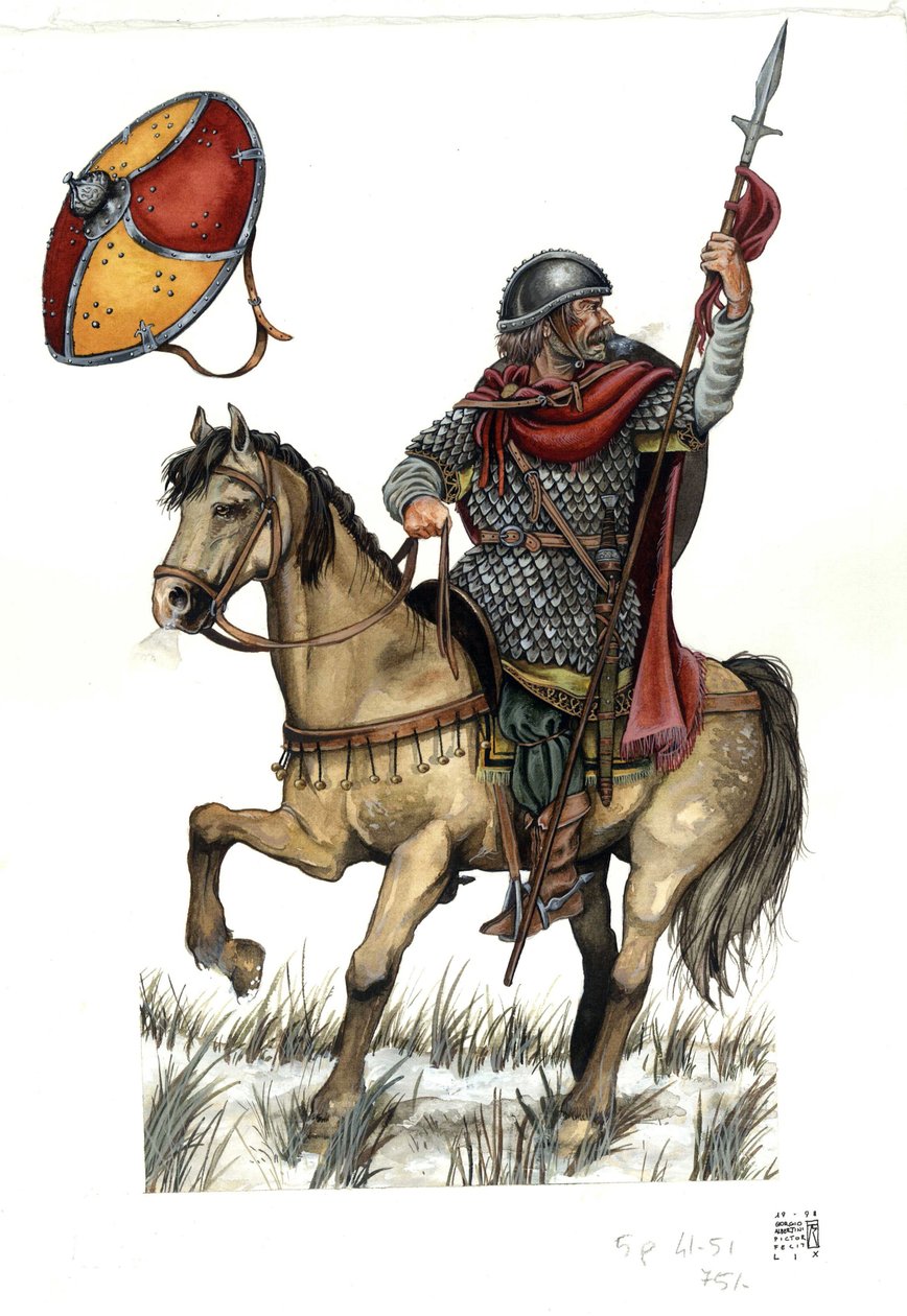 中世纪：卡洛林重骑兵的士兵。8 世纪 作者 乔治·阿尔贝蒂尼