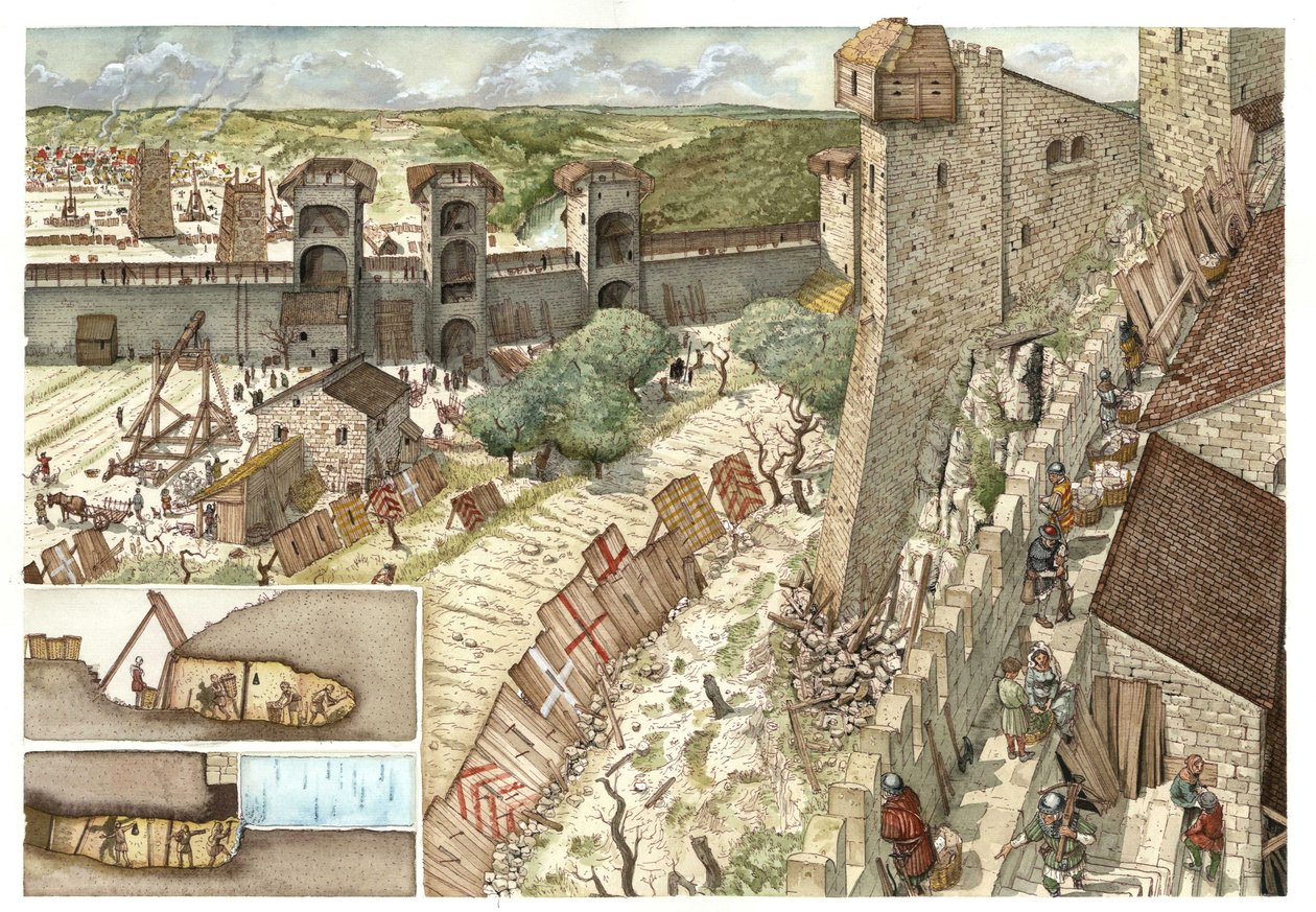中世纪：1240 年，罗马附近的维泰博城（Viterbo）被教皇的支持者格尔菲家族和霍亨斯陶芬皇帝腓特烈二世（Frederic II Hohenstaufen，1194-1250 年）军队的支持者吉贝林家族所觊觎。意大利。左下方是 作者 乔治·阿尔贝蒂尼