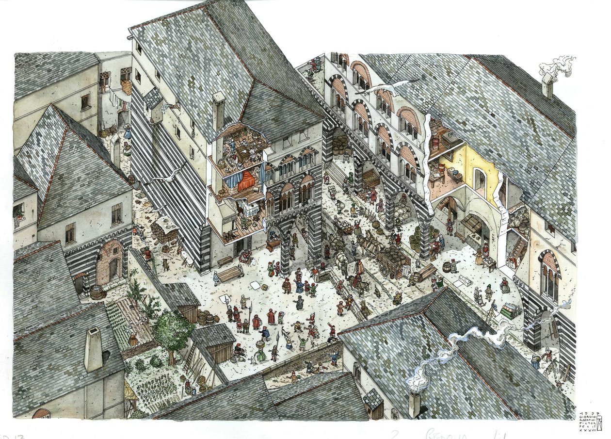 中世纪：15 世纪热那亚商人贵族宫殿（Curia 或 curia）的街景，意大利乔治-阿尔贝蒂尼的插图。 作者 乔治·阿尔贝蒂尼