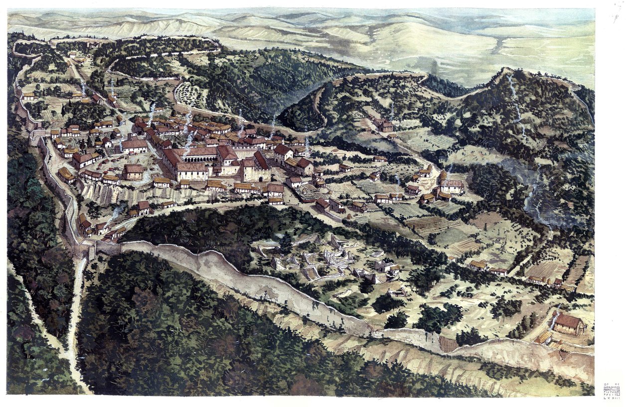 中世纪：10 世纪被城墙环绕的中世纪小镇 Volterra 的景色。托斯卡纳。意大利 插图：乔治-阿尔贝蒂尼。(使用该作者的作品无需向第三方申请授权，也无需遵守《著作权法》的相关规定。 作者 乔治·阿尔贝蒂尼