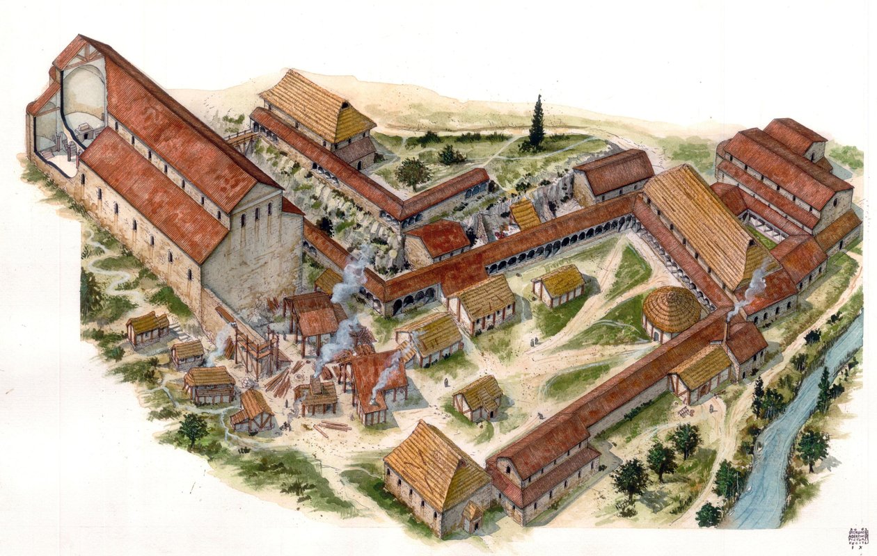 普鲁曼艺术：沃尔图内圣文森特（St. Vincent）祝祷修道院（Abbadia di San Vincenzo al Volturno）鸟瞰图，始建于 8 世纪。意大利圣文森佐城堡 插图：乔治-阿尔贝蒂尼。(使用该作者的作品 作者 乔治·阿尔贝蒂尼