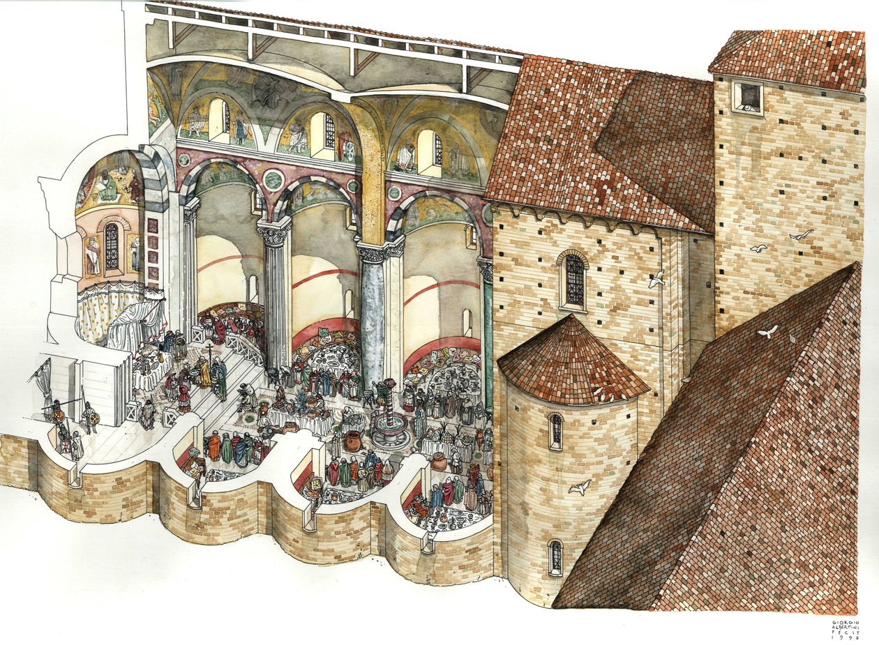 8 世纪重建的圣约翰-拉特兰大教堂（Saint John Laterano 或 San Giovanni in Laterano）：通过建筑杯可以看到三层大厅和教皇的就职典礼。罗马 作者 乔治·阿尔贝蒂尼