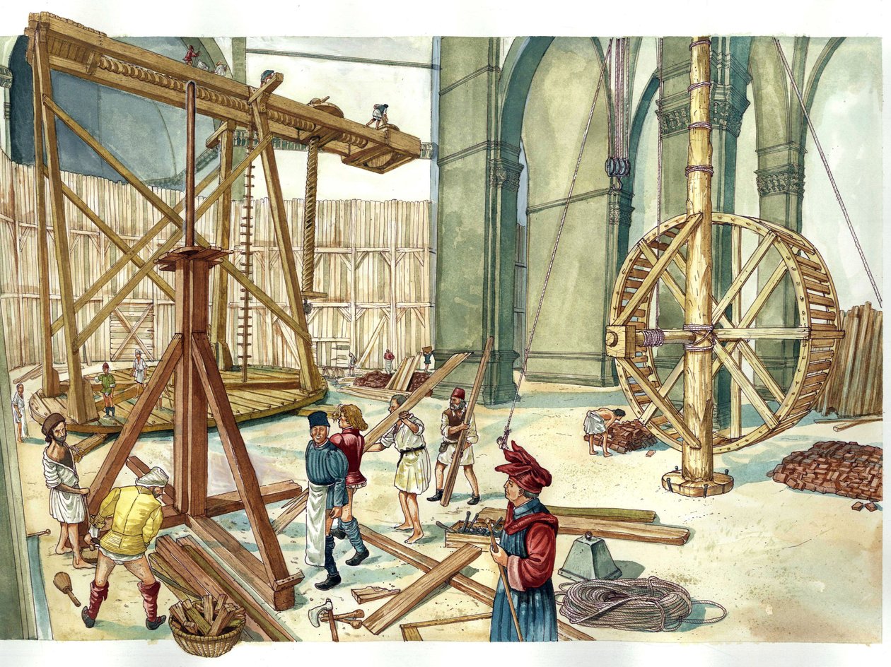 文艺复兴时期：根据建筑师菲利波-布鲁内莱斯基（Filippo Brunelleschi）的设计图重建圣玛丽亚-德尔菲奥雷教堂（大教堂）圆顶建筑工地。1436.意大利佛罗伦萨 插图：乔治-阿尔贝蒂尼。(对该作者作品的使用不受限制。 作者 乔治·阿尔贝蒂尼