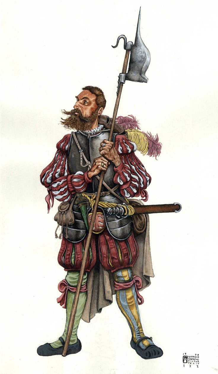 描绘为领主服务的德国雇佣兵 Lansquenet（Lanzknecht）。16 世纪 作者 乔治·阿尔贝蒂尼