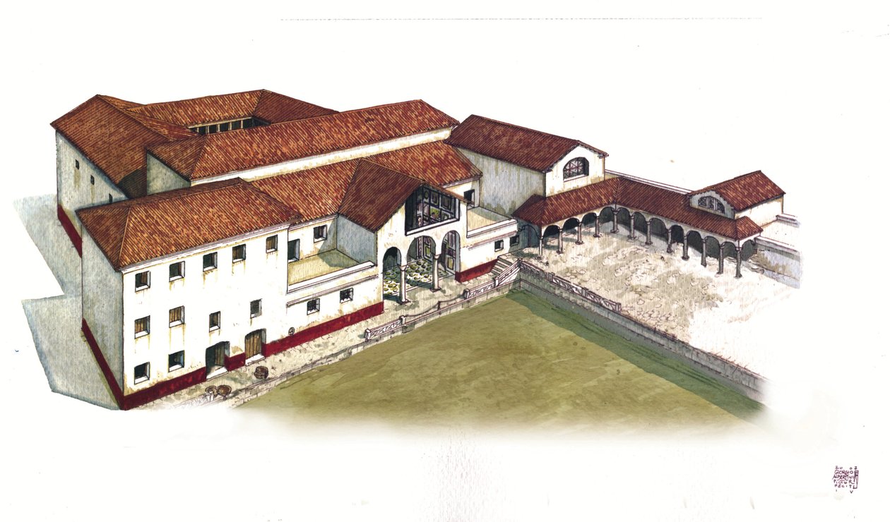 罗马古迹：重建 4 世纪意大利古奥斯提亚海洋港口遗址（domus di porta marina）。 作者 乔治·阿尔贝蒂尼