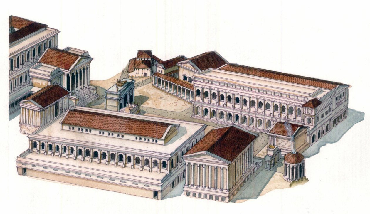 Roman antiquite：奥古斯都皇帝（凯厄斯-朱利叶斯-凯撒-屋大维-奥古斯都）时期（公元前 63 年至公元 14 年）罗马广场（foro romano）的重建 作者 乔治·阿尔贝蒂尼
