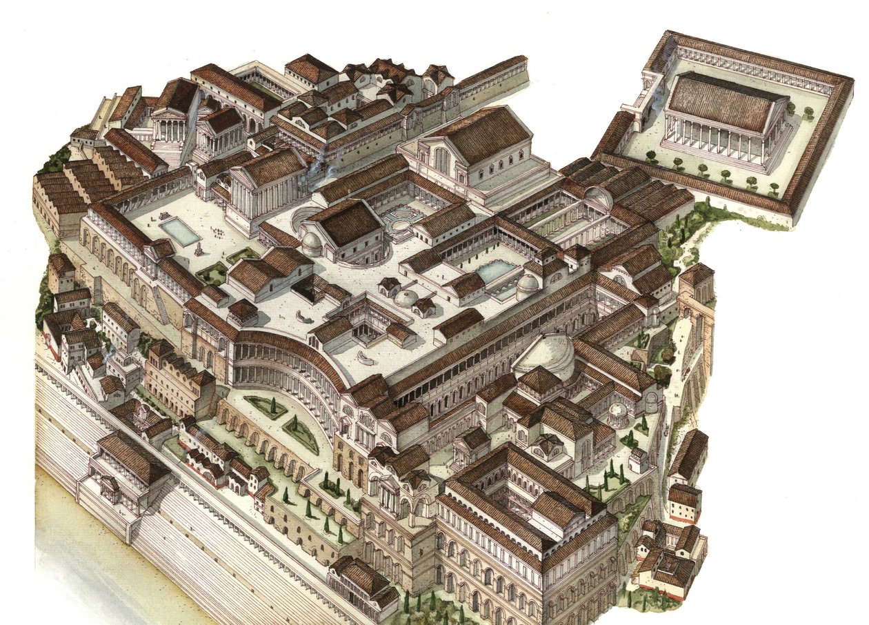罗马古迹：帕拉蒂尼山（Glue Palatino）重建于公元 4 世纪，历代皇帝（奥古斯都、尼禄、七十大帝）在此建造了各自的宫殿。罗马 意大利 作者 乔治·阿尔贝蒂尼