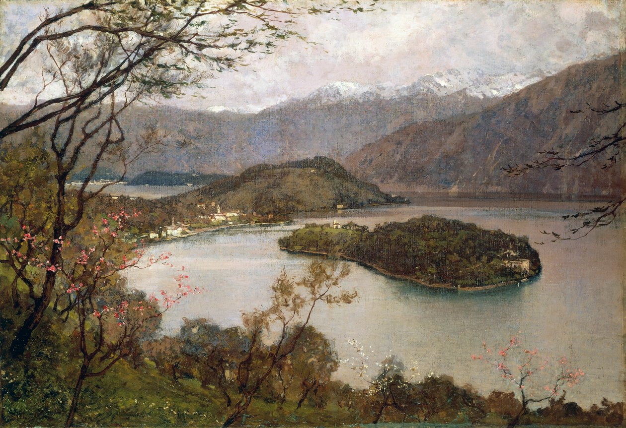 科莫湖科马西纳岛风景，乔治-贝洛尼（1861-1944），布面油画，69.5x100厘米 作者 乔治·贝罗尼（Giorgio Belloni）
