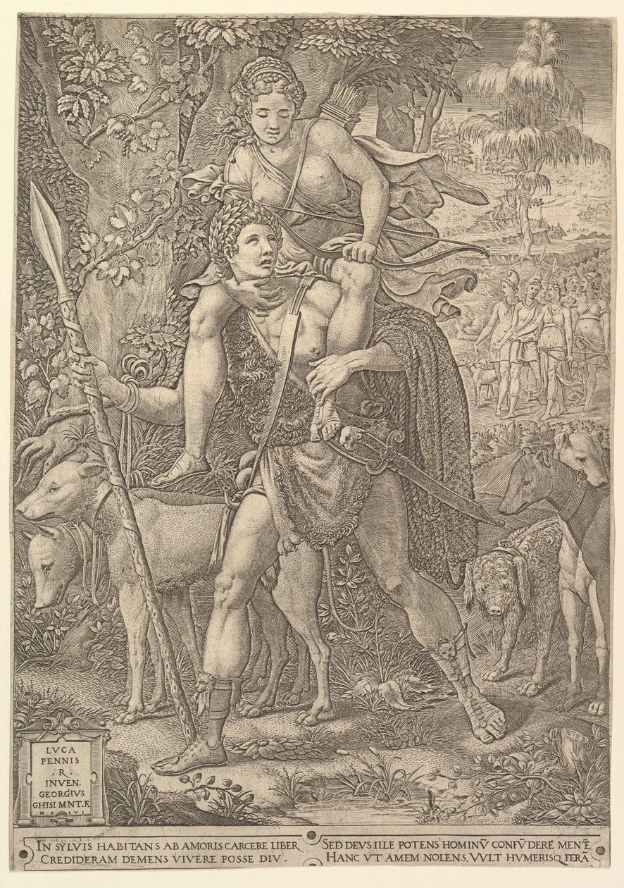 亨特的寓言，一位拿着大矛的猎人，手持女子戴安娜（Diana），1556年。 作者 乔治·吉西（Giorgio Ghisi）