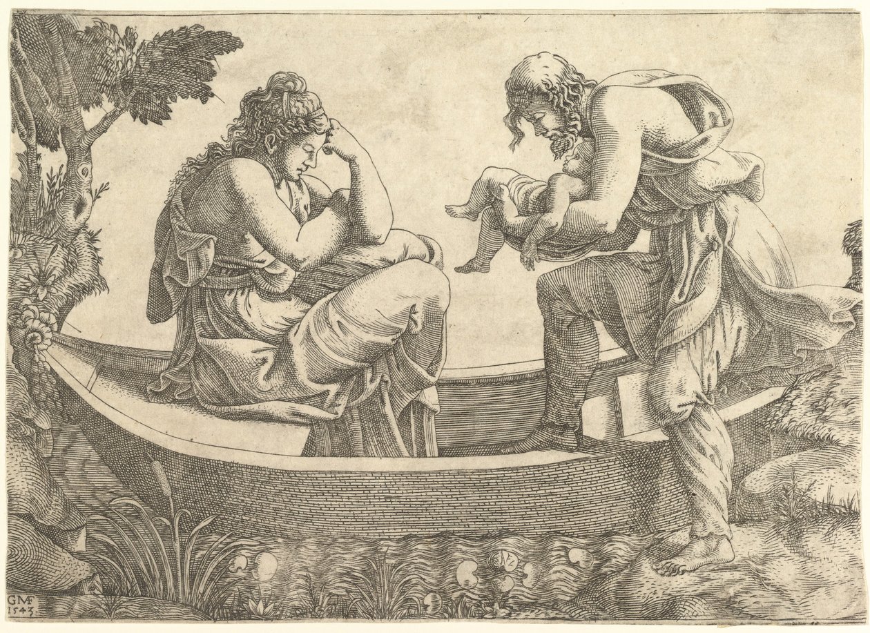达娜（Danae）和婴儿珀尔修斯（Perseus）在1543年被阿里修斯（Acrisius）赶出大海。 作者 乔治·吉西（Giorgio Ghisi）